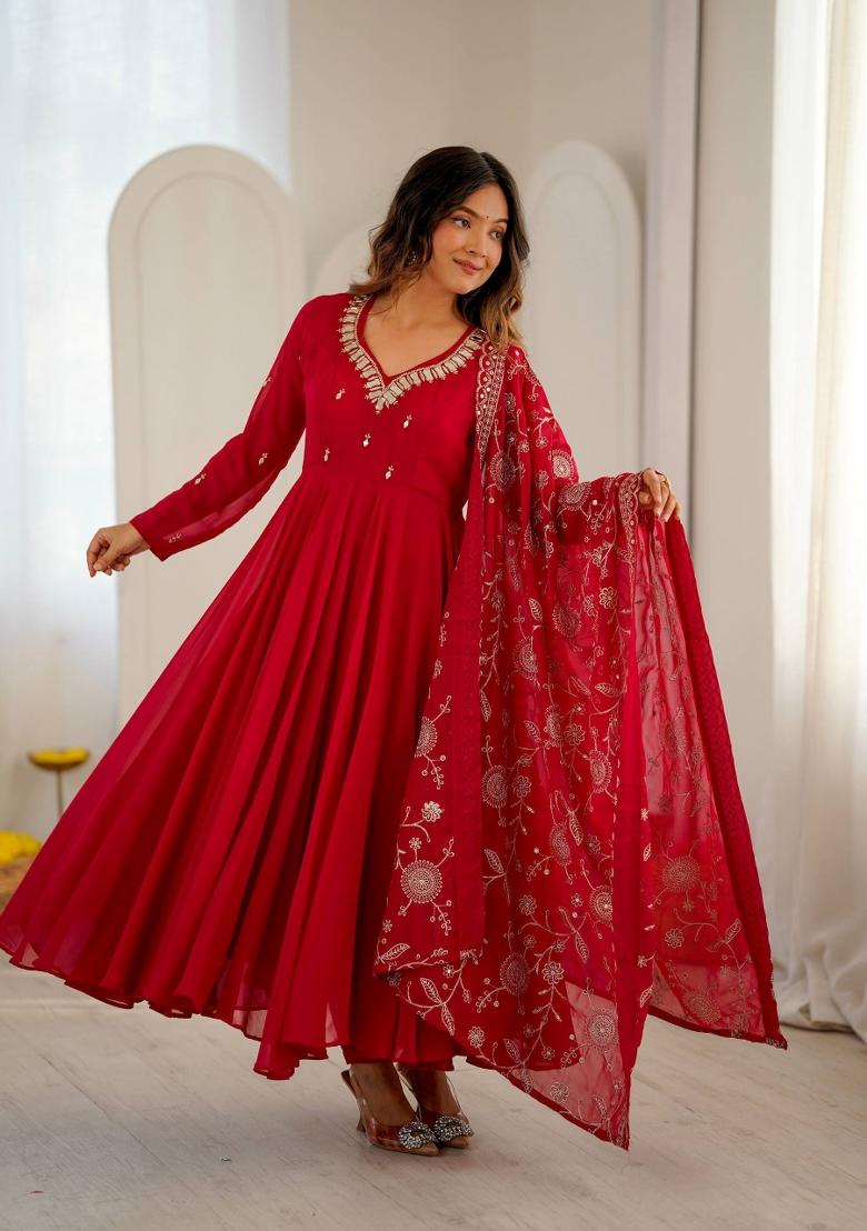 Red Embroidered Georgette Kurta Set - Indya