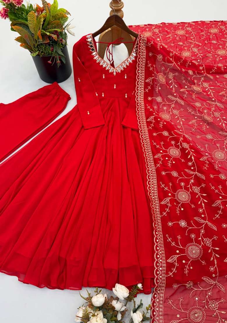 Red Embroidered Georgette Kurta Set - Indya