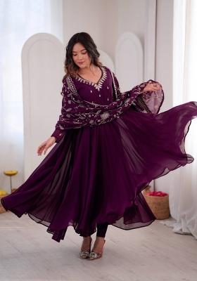 Wine Embroidered Georgette Kurta Set