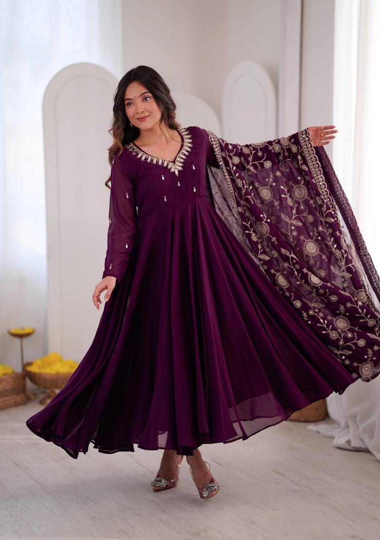 Wine Embroidered Georgette Kurta Set - Indya