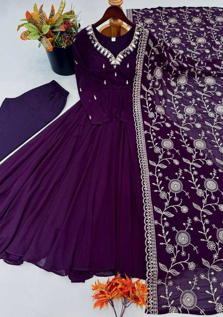 Wine Embroidered Georgette Kurta Set - Indya