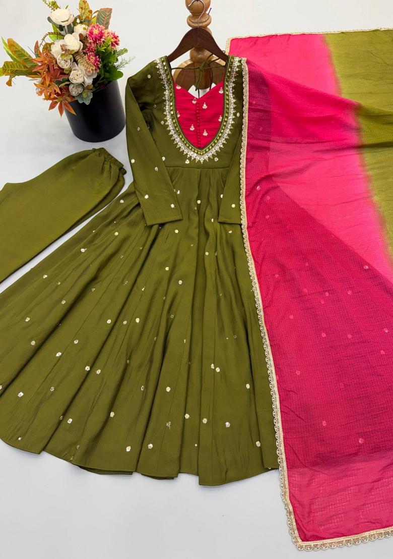 Green Embroidered Silk Kurta Set - Indya