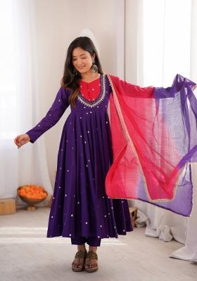 Dark Purple Embroidered Silk Kurta Set
