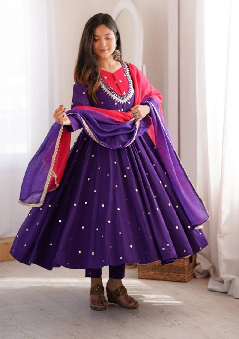 Dark Purple Embroidered Silk Kurta Set - Indya