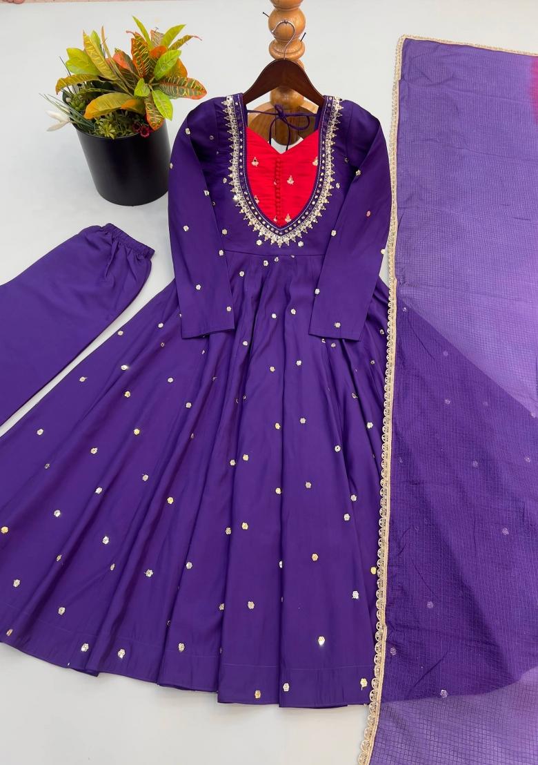 Dark Purple Embroidered Silk Kurta Set - Indya