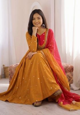 Mustard Embroidered Silk Kurta Set