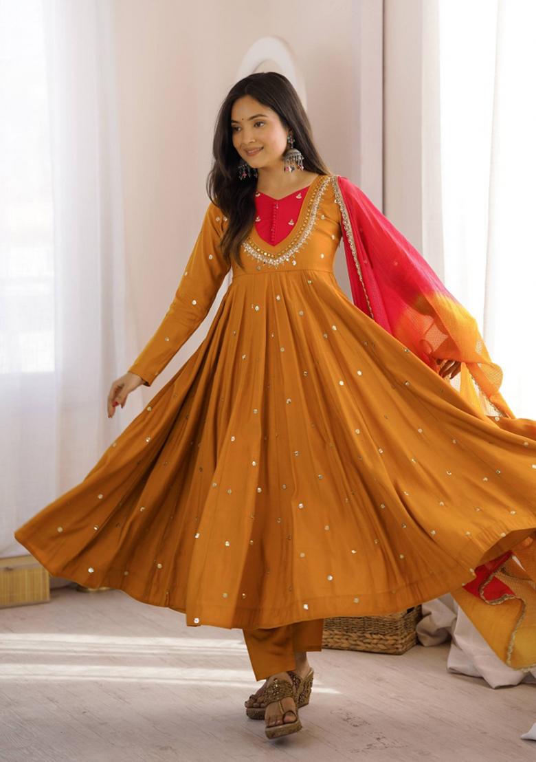 Mustard Embroidered Silk Kurta Set - Indya