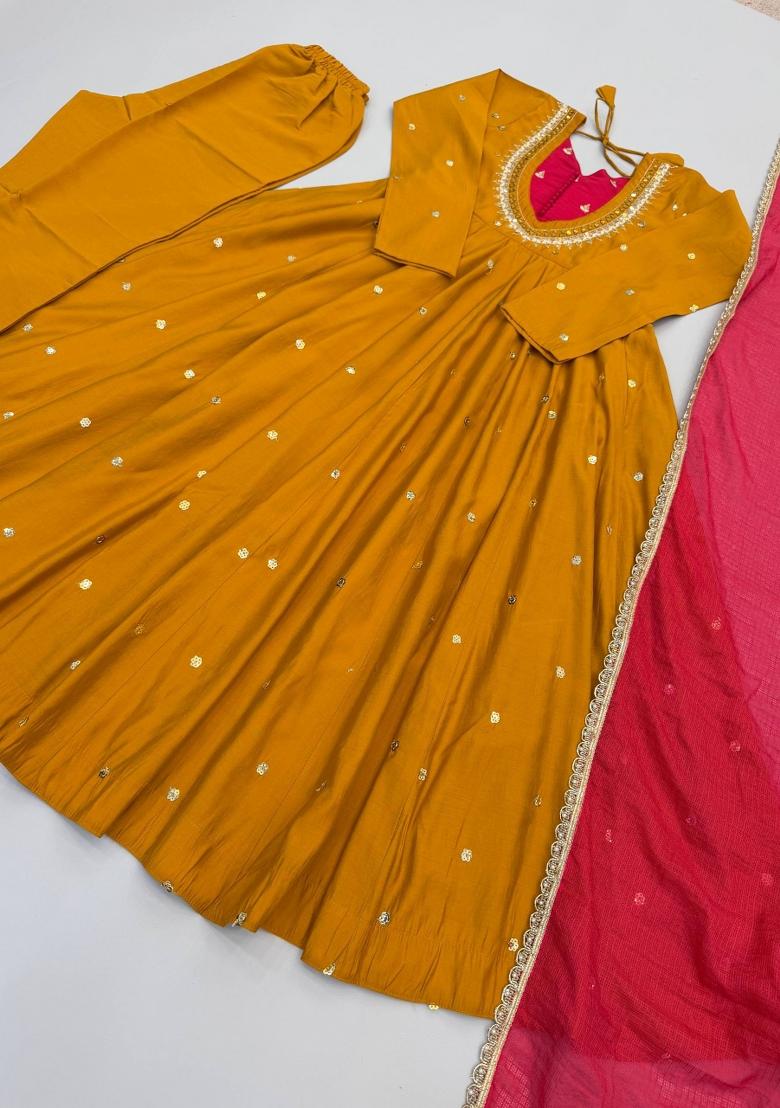 Mustard Embroidered Silk Kurta Set - Indya