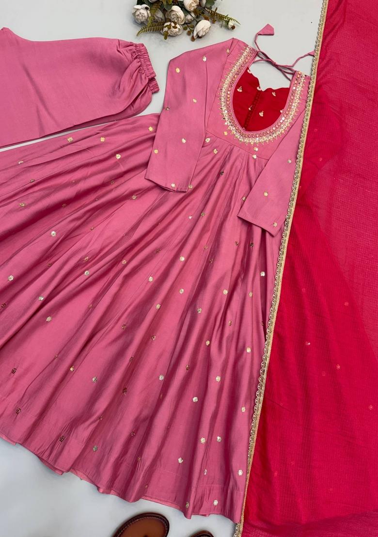 Pink Embroidered Silk Kurta Set - Indya