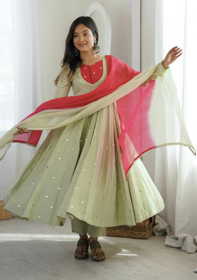 Light Green Embroidered Silk Kurta Set - Indya