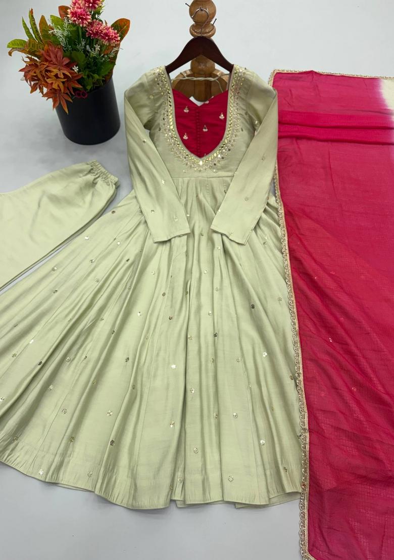 Light Green Embroidered Silk Kurta Set - Indya