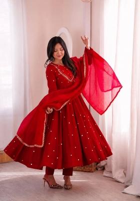 Red Embroidered Silk Kurta Set