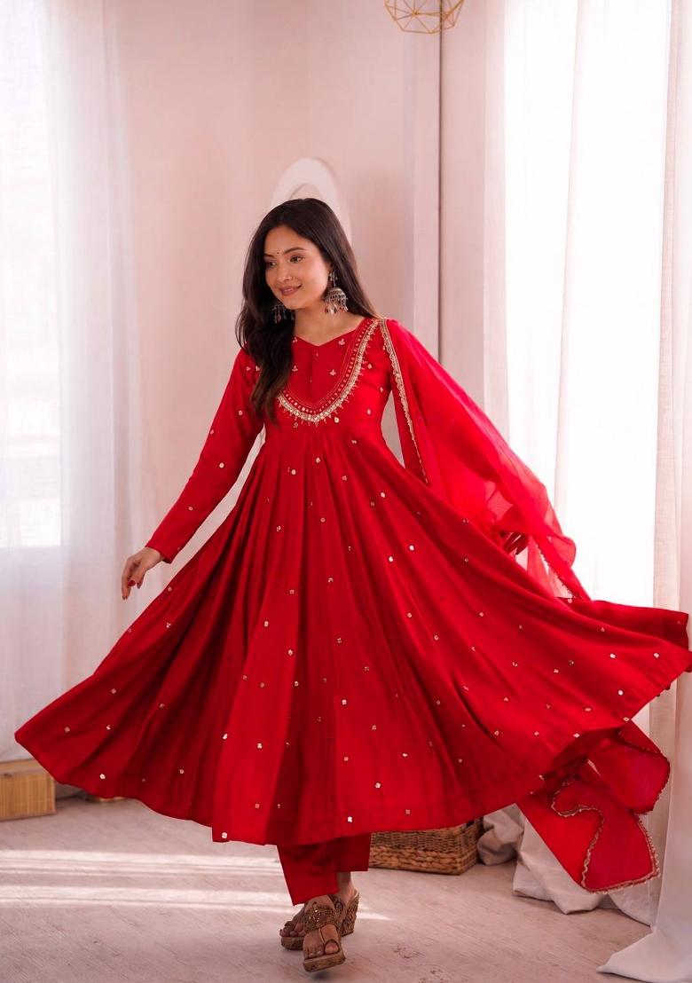 Red Embroidered Silk Kurta Set - Indya