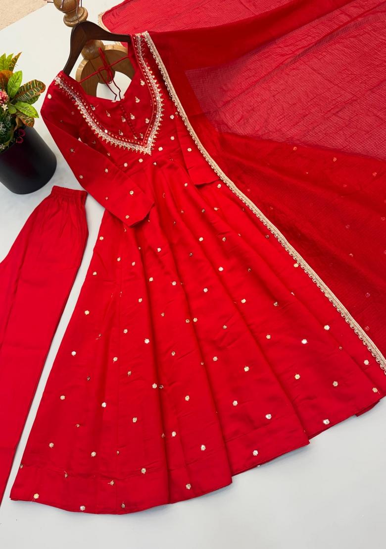 Red Embroidered Silk Kurta Set - Indya
