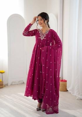 Rani Pink Embroidered Georgette Kurta Set
