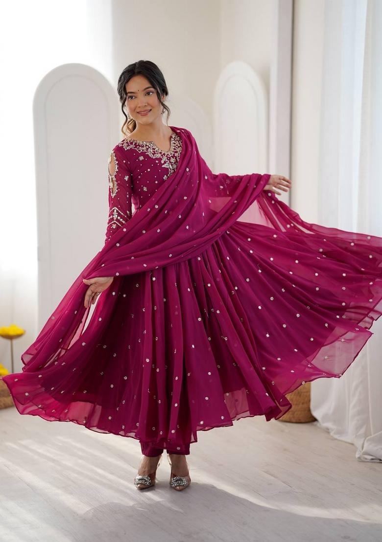 Rani Pink Embroidered Georgette Kurta Set - Indya