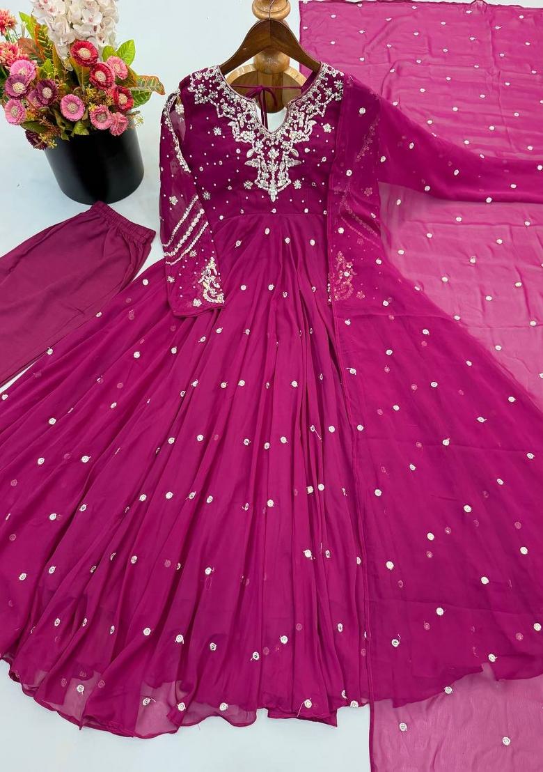 Rani Pink Embroidered Georgette Kurta Set - Indya