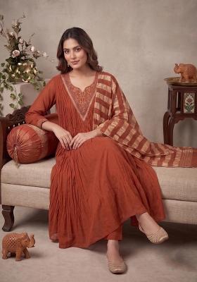 Orange Embroidered Silk Kurta Set