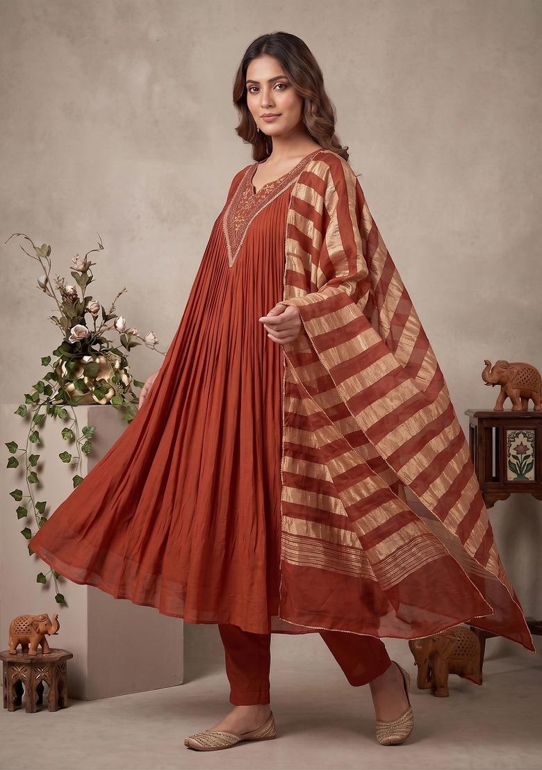 Orange Embroidered Silk Kurta Set - Indya
