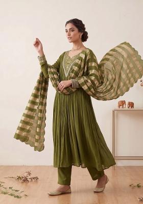 Green Embroidered Silk Kurta Set