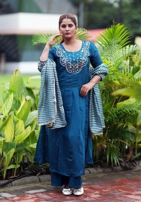 Blue Embroidered Silk Kurta Set