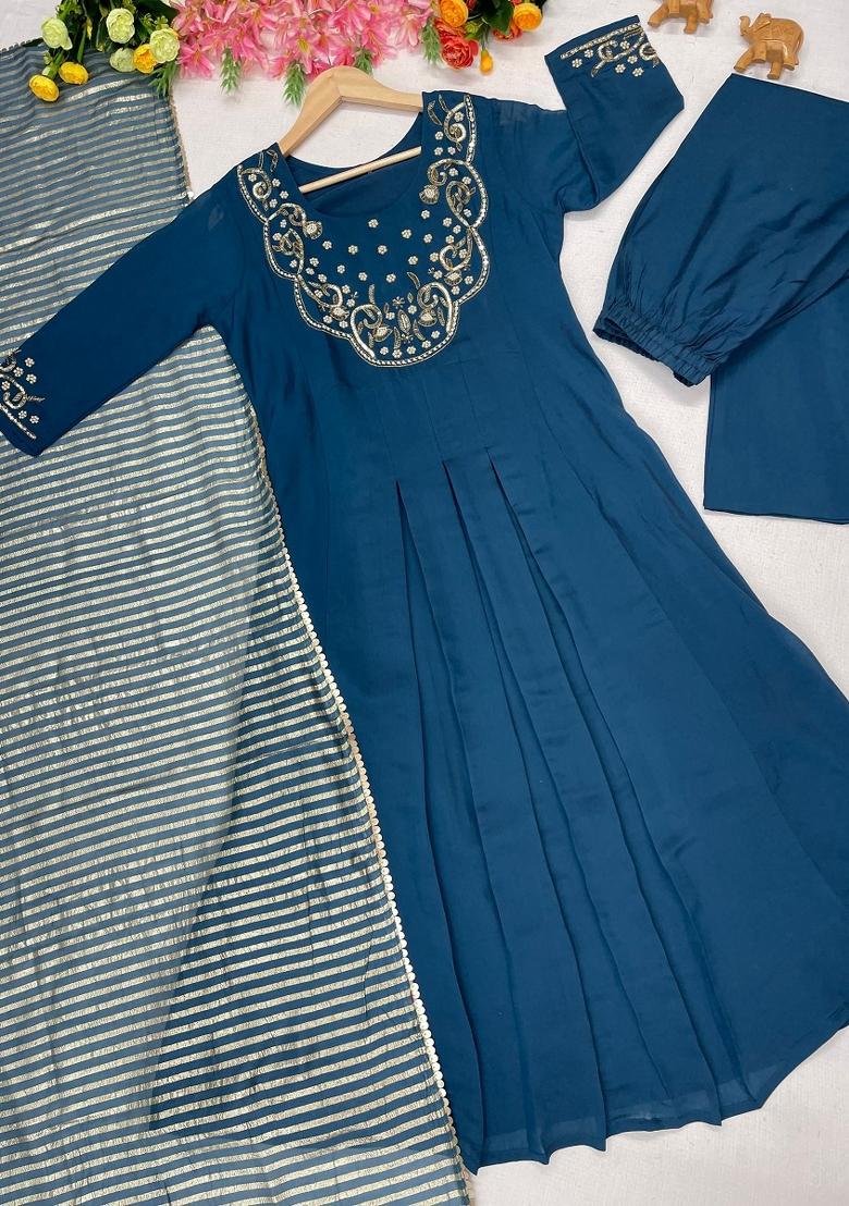 Blue Embroidered Silk Kurta Set - Indya