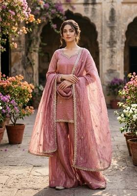Pink Embroidered Silk Kurta Set