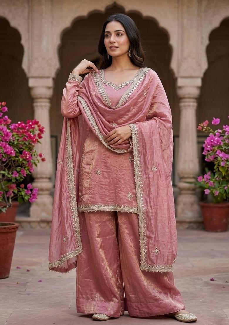Pink Embroidered Silk Kurta Set - Indya
