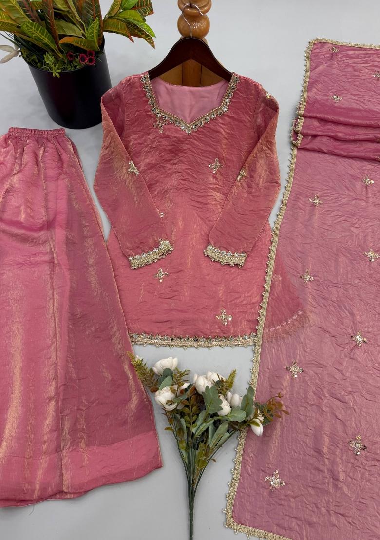 Pink Embroidered Silk Kurta Set - Indya