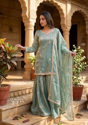 Teal Embroidered Silk Kurta Set