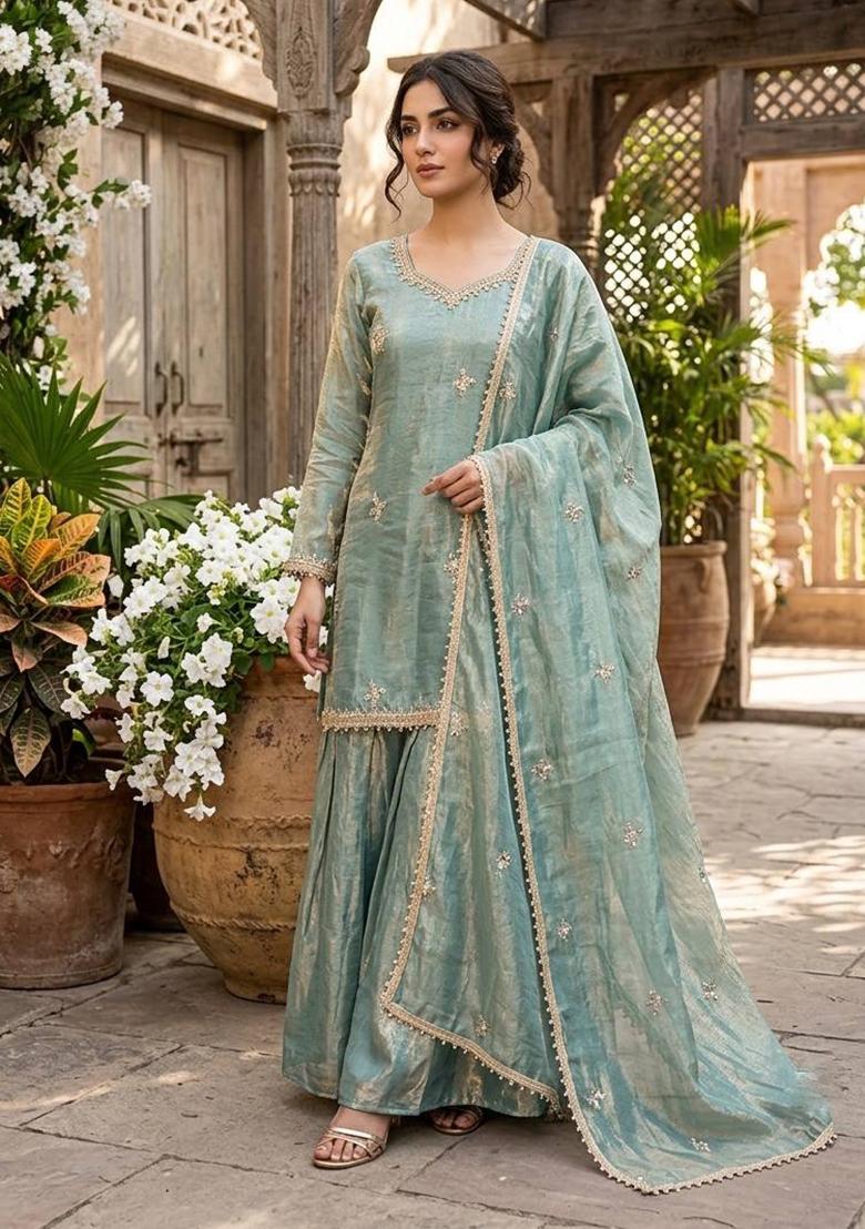 Teal Embroidered Silk Kurta Set - Indya