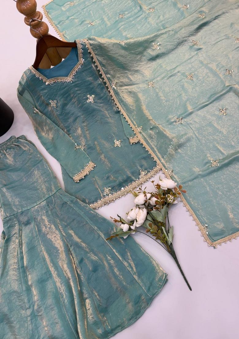 Teal Embroidered Silk Kurta Set - Indya