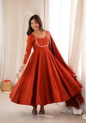 Rust Thread Work Silk Anarkali Set