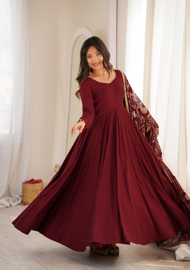 Maroon Thread Work Silk Anarkali Set - Indya