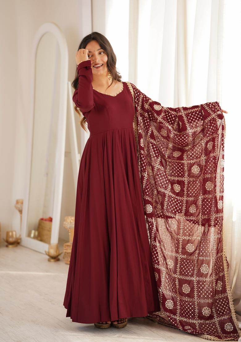 Maroon Thread Work Silk Anarkali Set - Indya