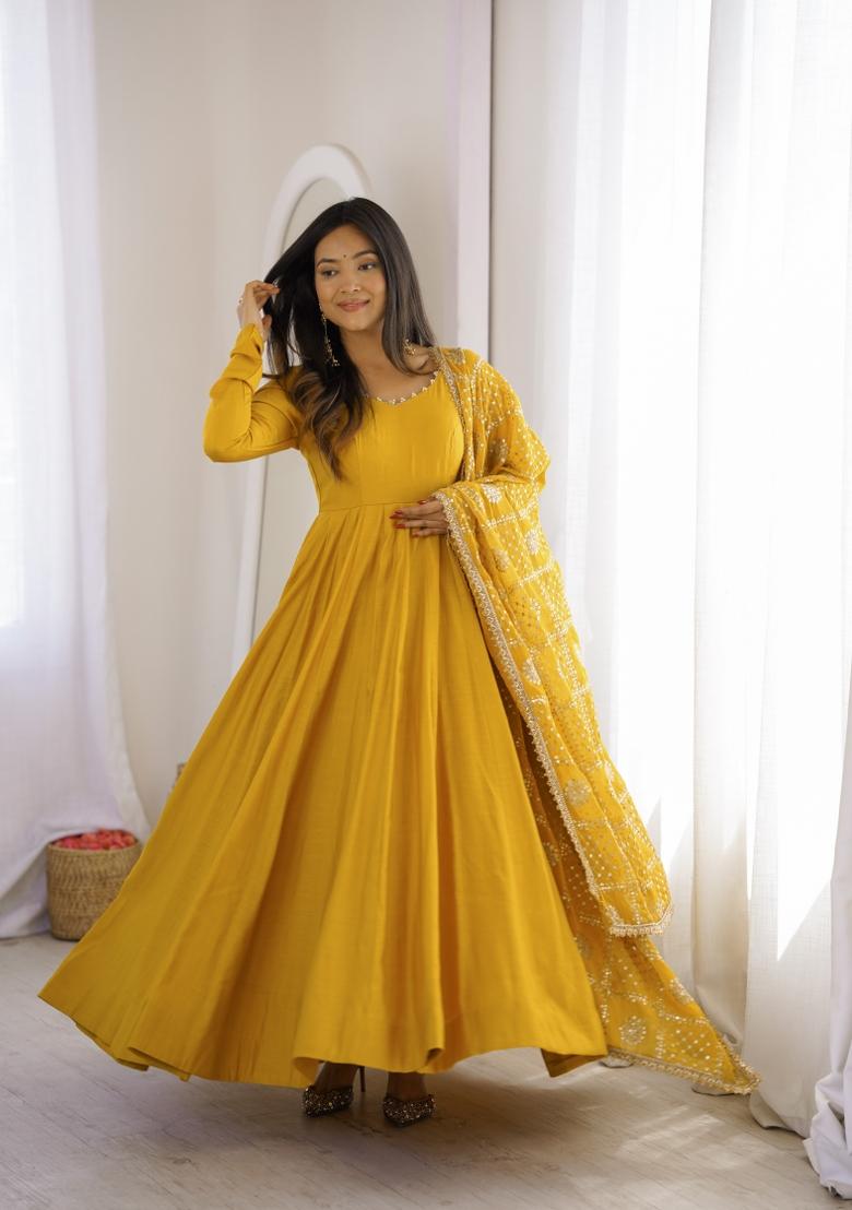 Yellow Thread Work Silk Anarkali Set - Indya