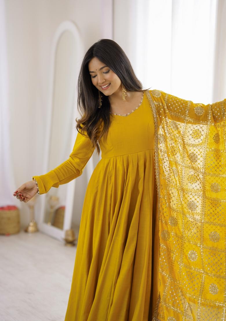 Yellow Thread Work Silk Anarkali Set - Indya