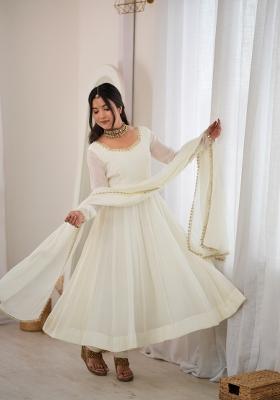 Off White Mirror Work Chanderi Anarkali Set