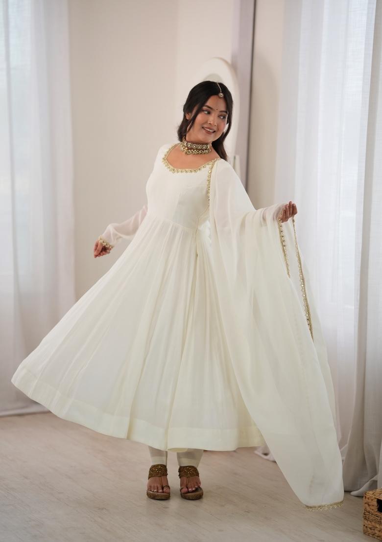Off White Mirror Work Chanderi Anarkali Set - Indya