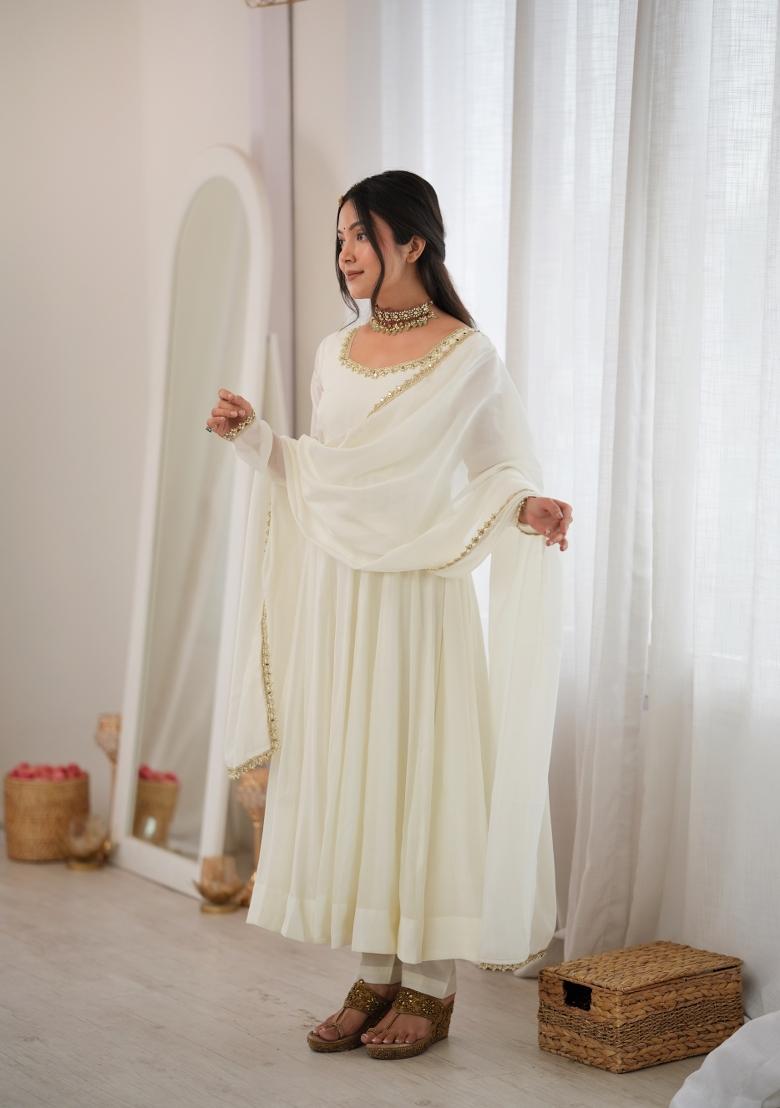 Off White Mirror Work Chanderi Anarkali Set - Indya