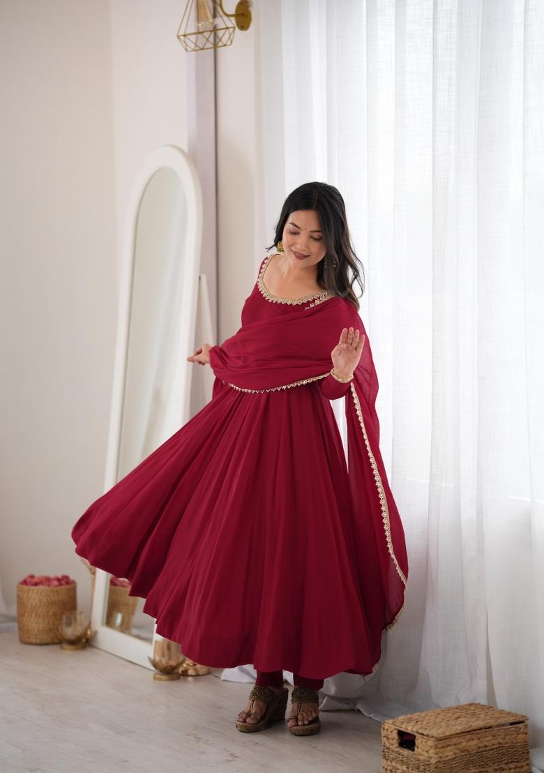 Maroon Mirror Work Chanderi Anarkali Set - Indya