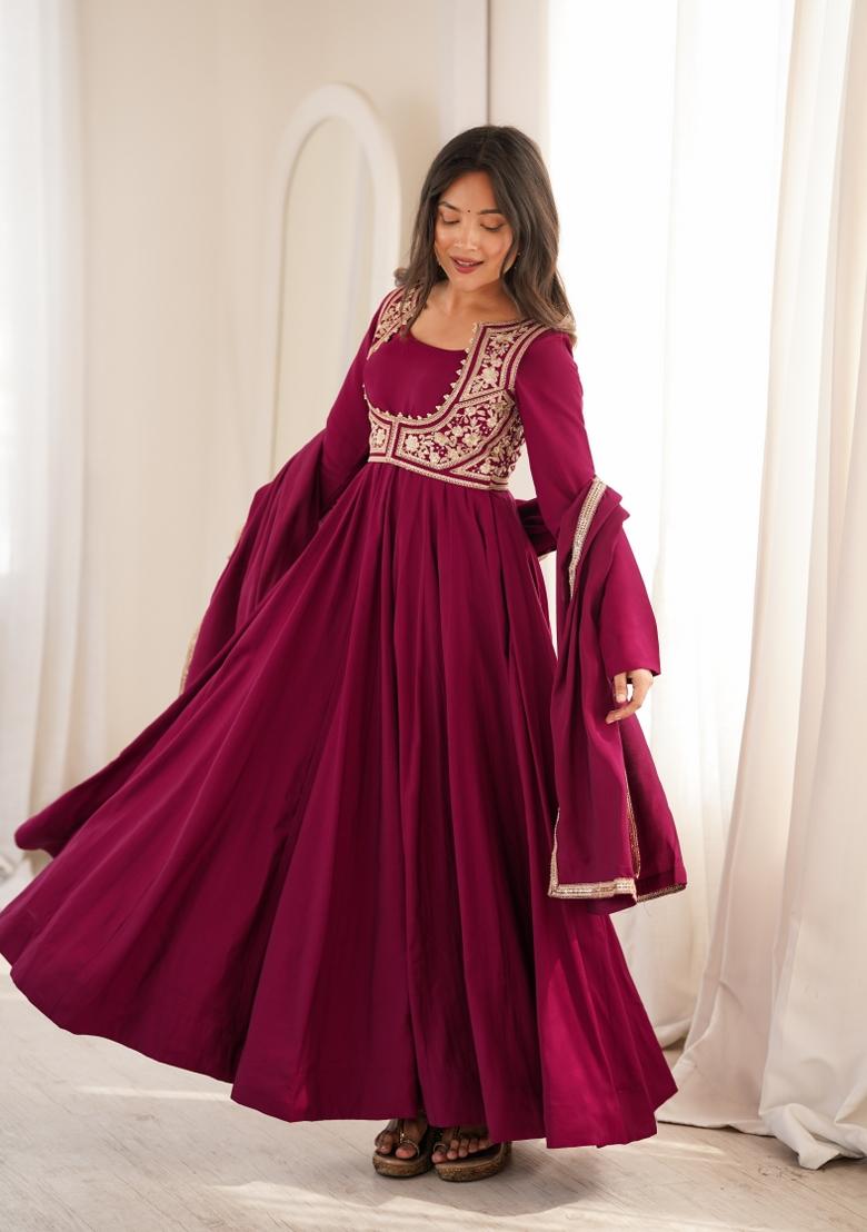 Rani Pink Sequin Work Silk Anarkali Set - Indya
