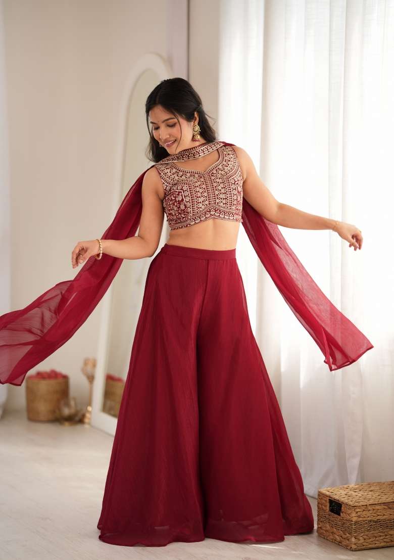 Maroon Sequin Work Silk Palazzo Set - Indya
