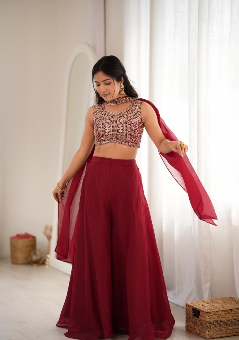 Maroon Sequin Work Silk Palazzo Set - Indya