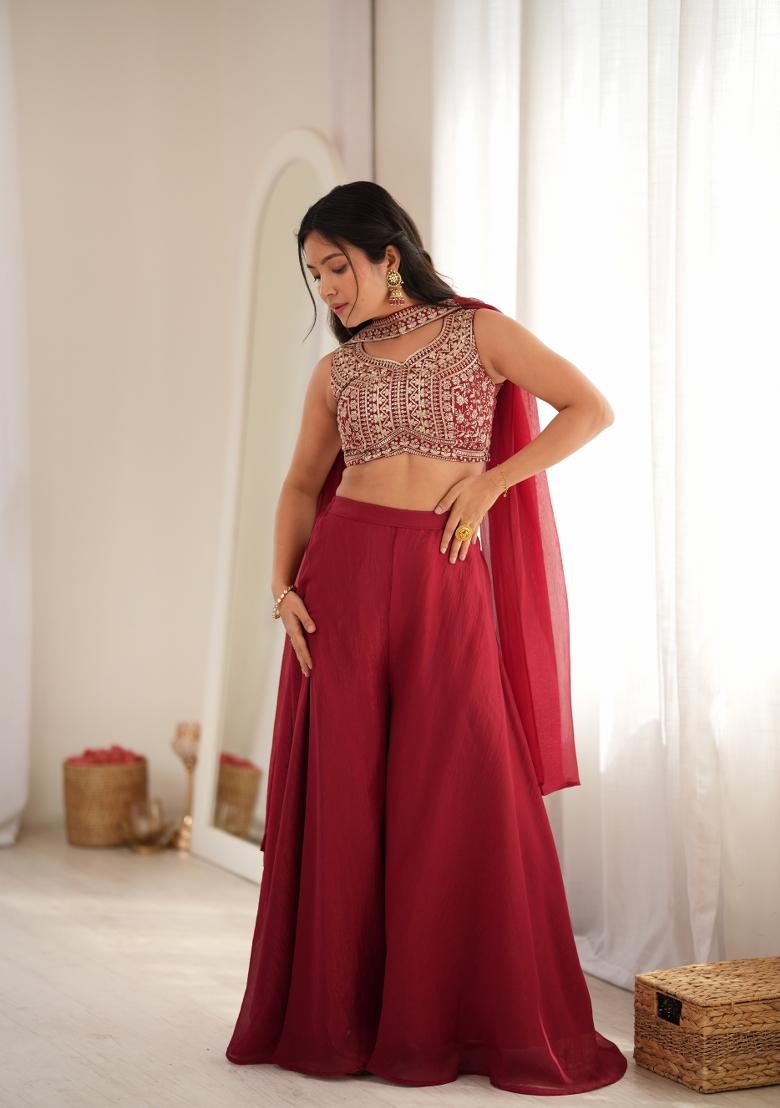 Maroon Sequin Work Silk Palazzo Set - Indya