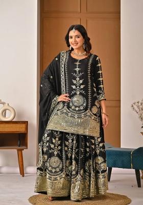 Black Sequin Work Silk Palazzo Set