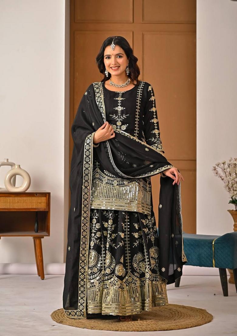 Black Sequin Work Silk Palazzo Set - Indya