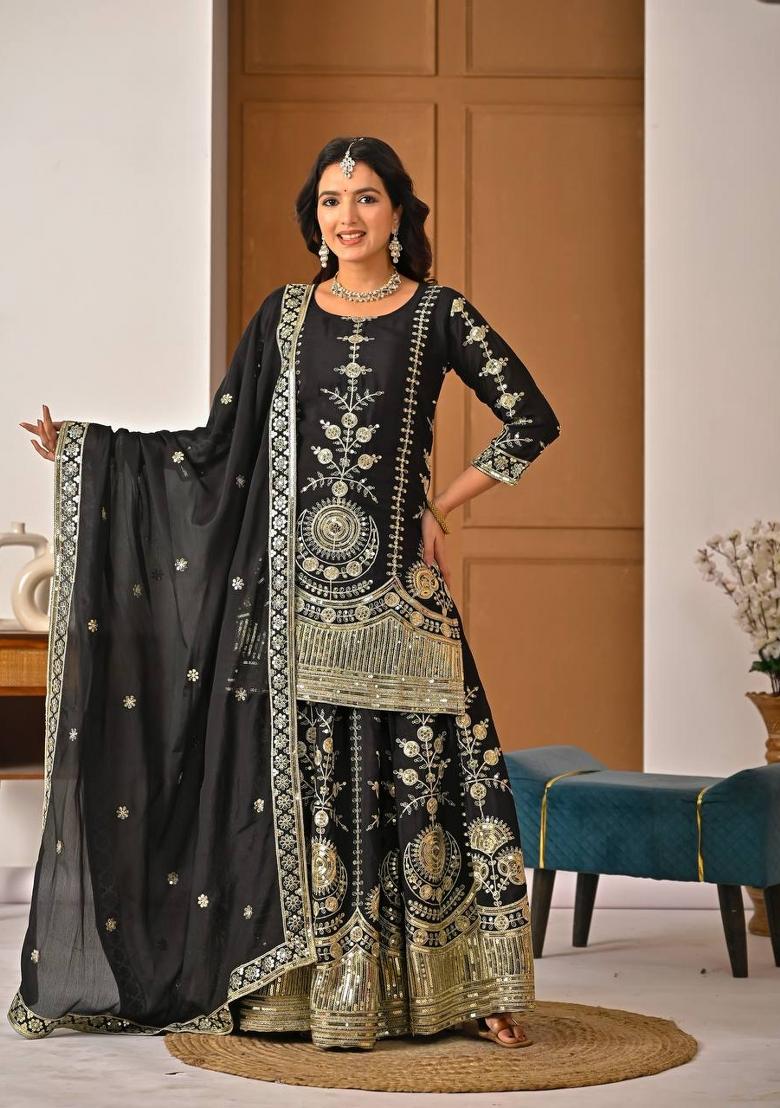 Black Sequin Work Silk Palazzo Set - Indya