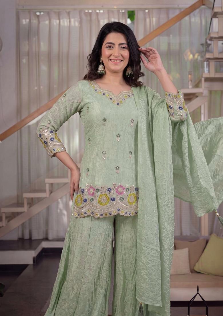 Pista Sequin Work Silk Palazzo Set - Indya
