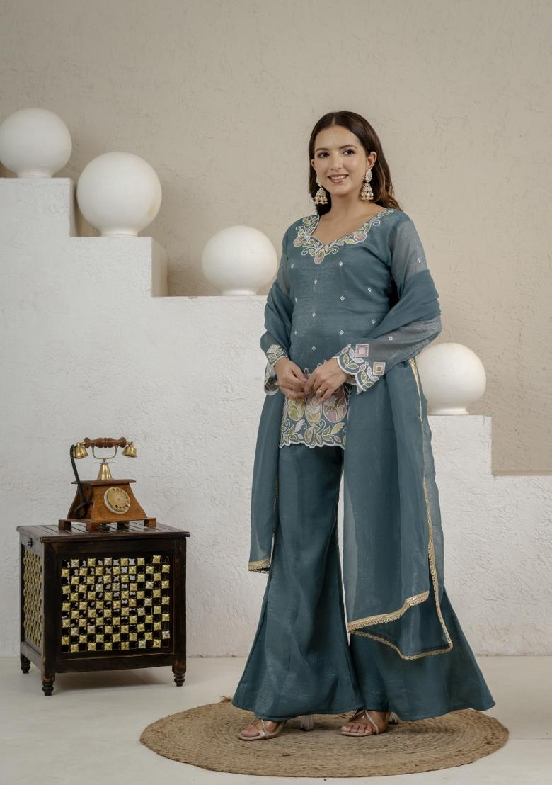 Morpeach Sequin Work Silk Palazzo Set - Indya